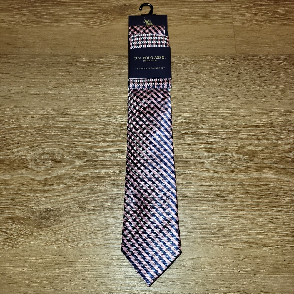 U.S. Polo Assn. Tie & Pocket Square Set Pink And Blue New